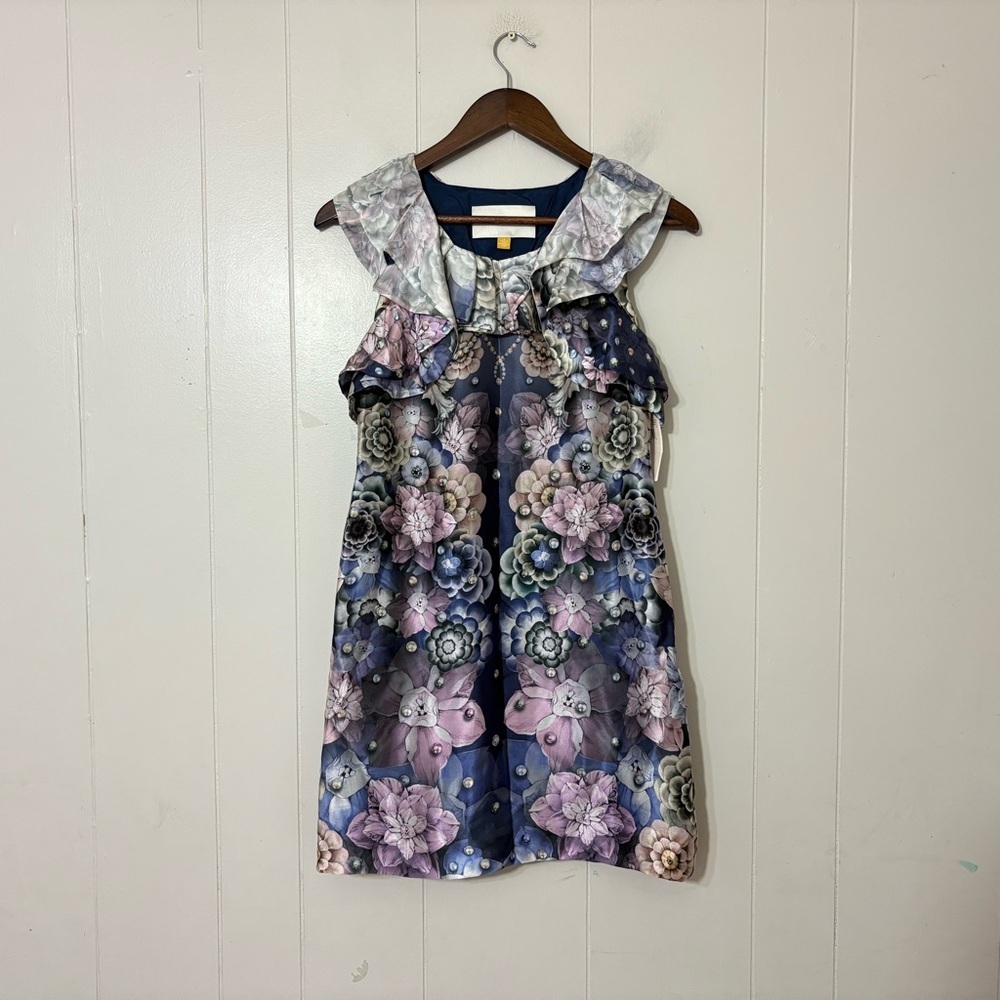 Leifsdottir Anthropologie Blue Pearl Silk Floral Tunic Dress NWT 2 Ruffle Collar